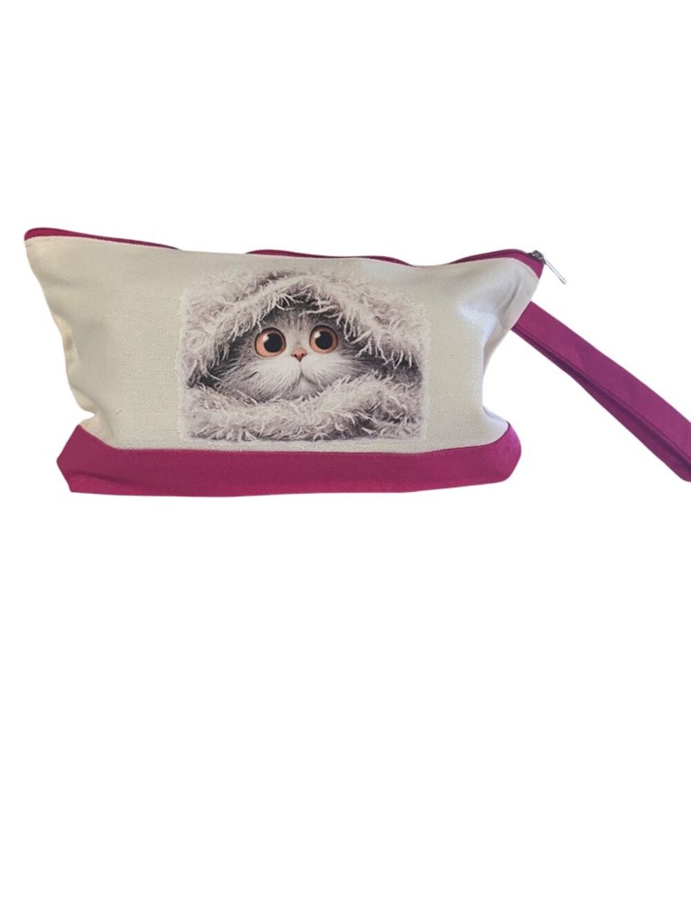 Silkfly cotton cavas dark pink peeking cat zipper pouch makeup toiletry travel